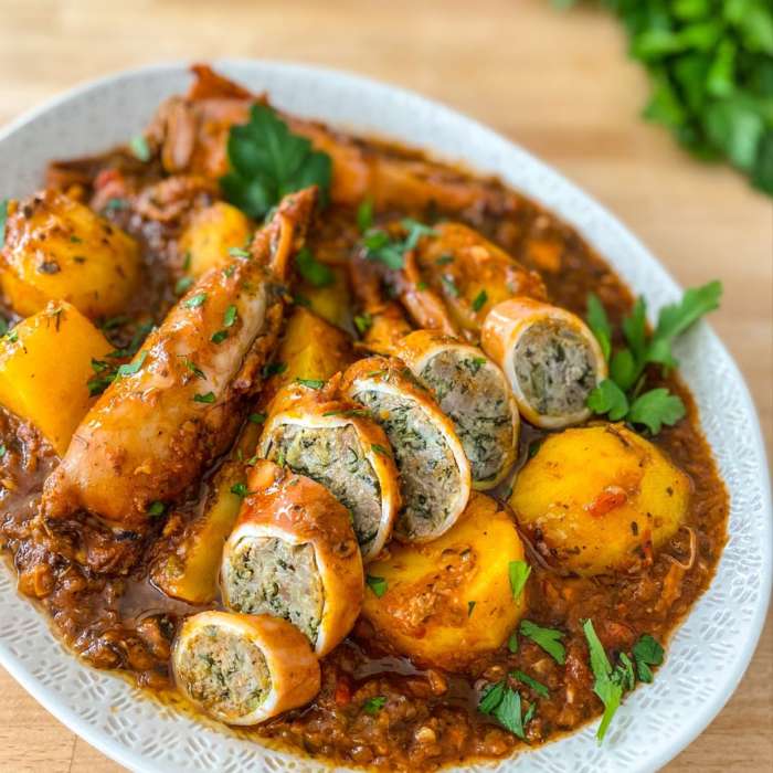 Encornets farcis à la Sétoise et pommes de terre fondantes