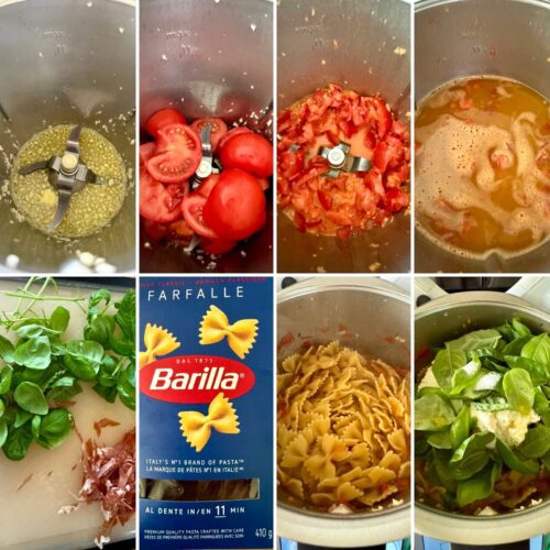 Farfalle tomates-ricotta-basilic-coppa