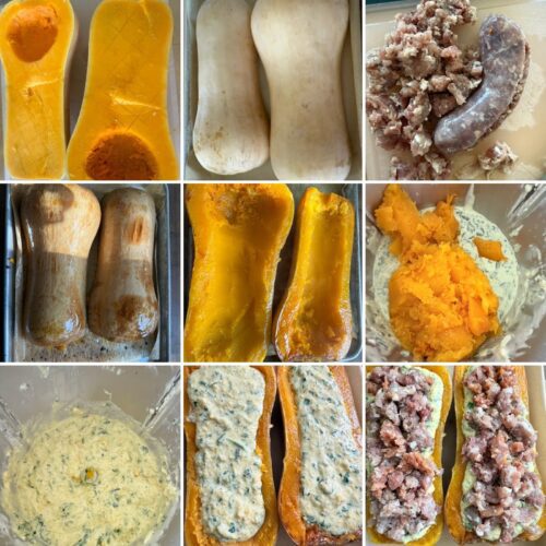 Butternut farcie sauce florentine aux saucisses