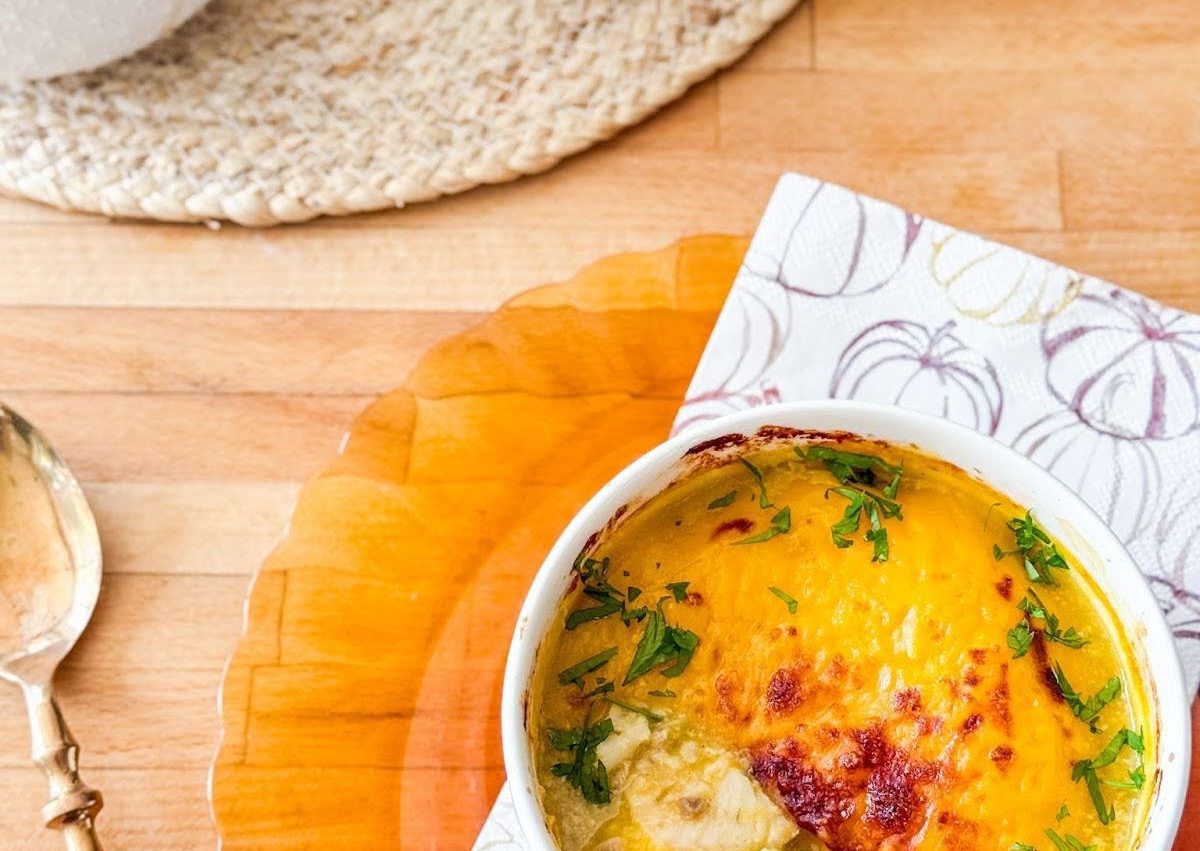 Parmentier d’automne : butternut, champignons, sole